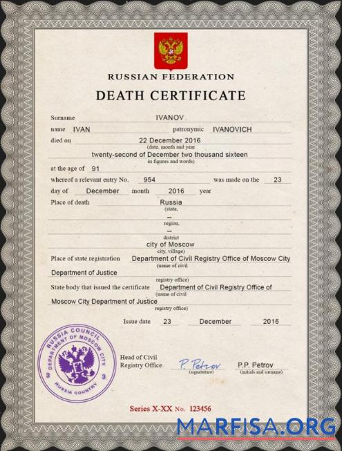 Realistic Russia vital record death certificate PSD template